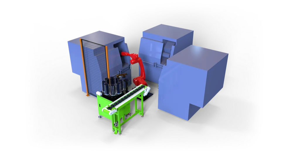 Six-axis robot tending a CNC machine, loading a raw part