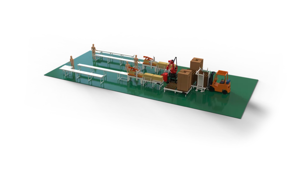Industrial robot palletizing cell stacking cartons onto a pallet