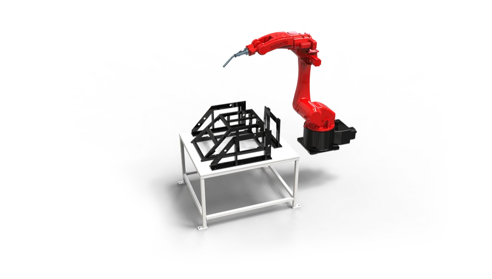 Industrial 6-axis welding robot cell with a two-station positioner