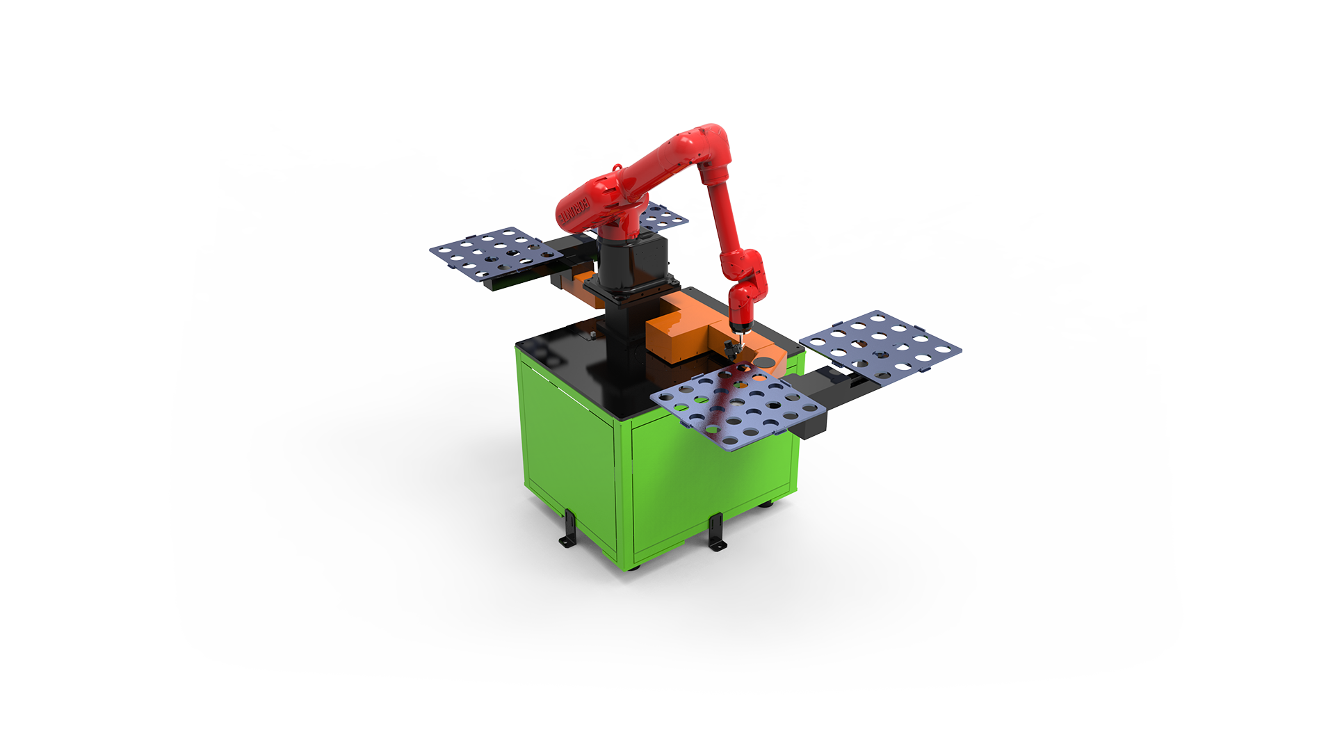 BRTIRUS1510A six-axis robot integrated into a four-station rotary spray painting cell