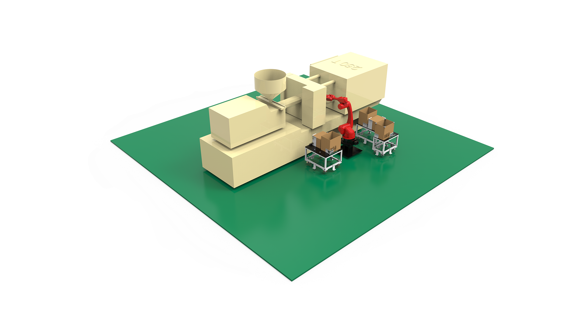 Six-axis robot cell performing injection molding part removal and box packing — YGT project